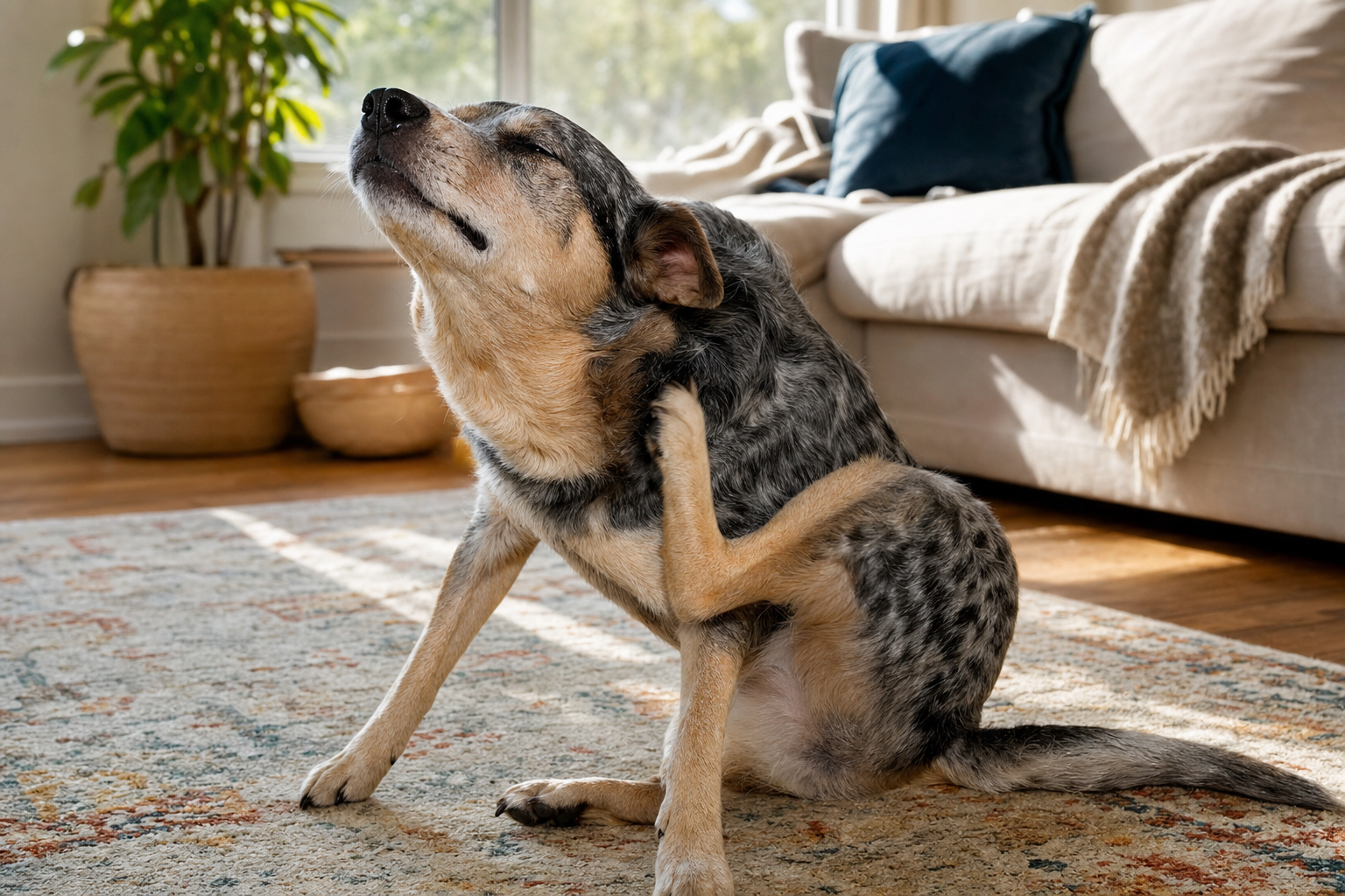 Dog scratching fleas while sitting on a living-room rug, showing how a flea infestation lives in the home not just on the pet