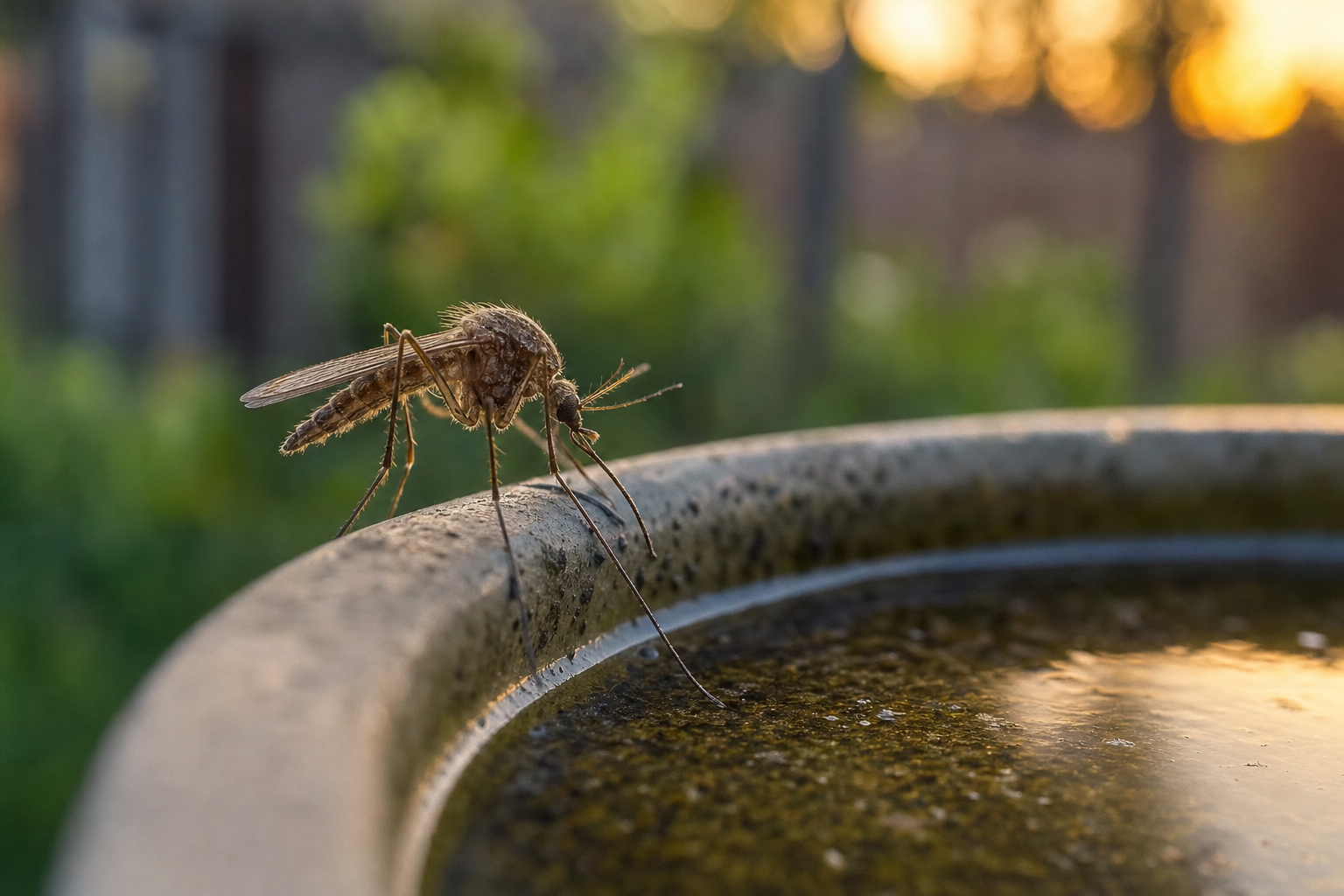 A mosquito resting on the rim of a container of standing water in a backyard at dusk