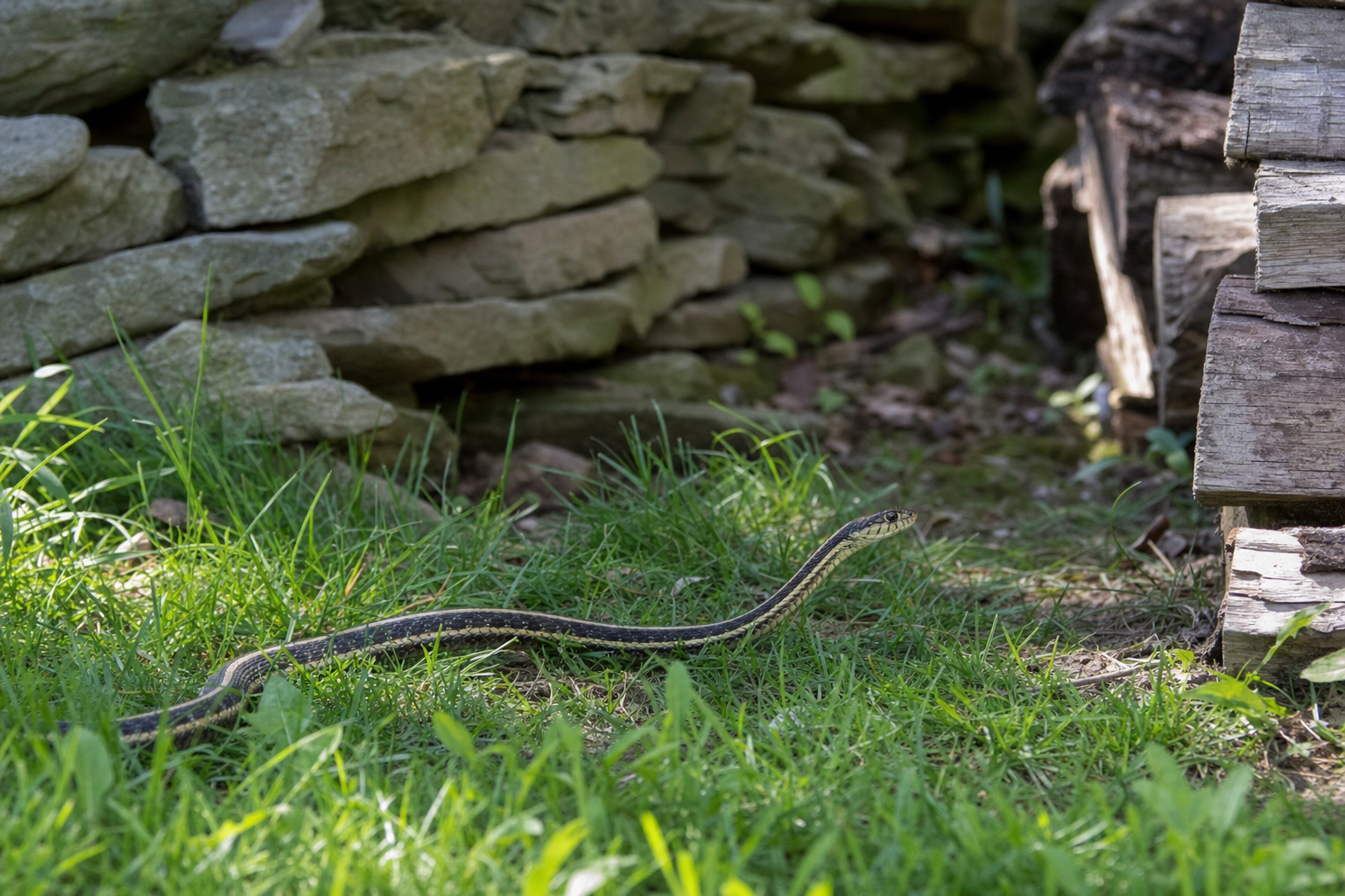 Harmless garter snake moving through grass beside a stone wall and woodpile, showing how yard cover and harborage attract snakes