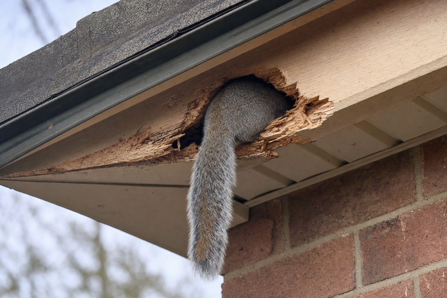 Gray squirrel squeezing into a gnawed hole in a house soffit, showing why sealing entry points is the way to get rid of squirrels