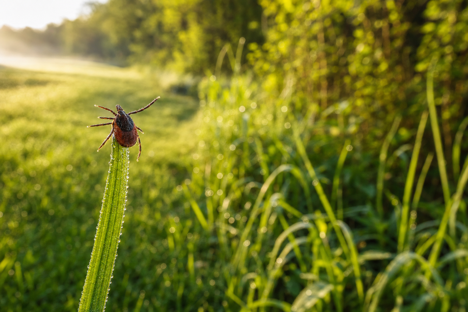 A deer tick in the questing pose on a dewy blade of grass at the edge where a mowed lawn meets tall grass and brush, the habitat where ticks wait for a host